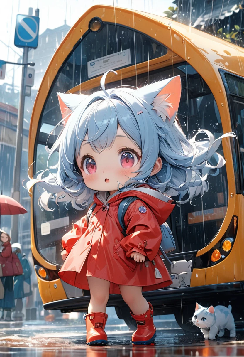 Little girl wearing red raincoat and rain boots.和一隻巨大橘Cat 1:10.The bus stop on the seaside is in the background.(((masterpiece))), (((best quality))), ((Super detailed)), (Highly detailed CG illustrations), ((extremely delicate and beautiful)), Cinematic light, (Character focus), Ridiculous, high contrast little girl:Cat 1:10, Extremely detailed, rich and colorful, most detailed, Science fiction, (light blue hair), Add details,