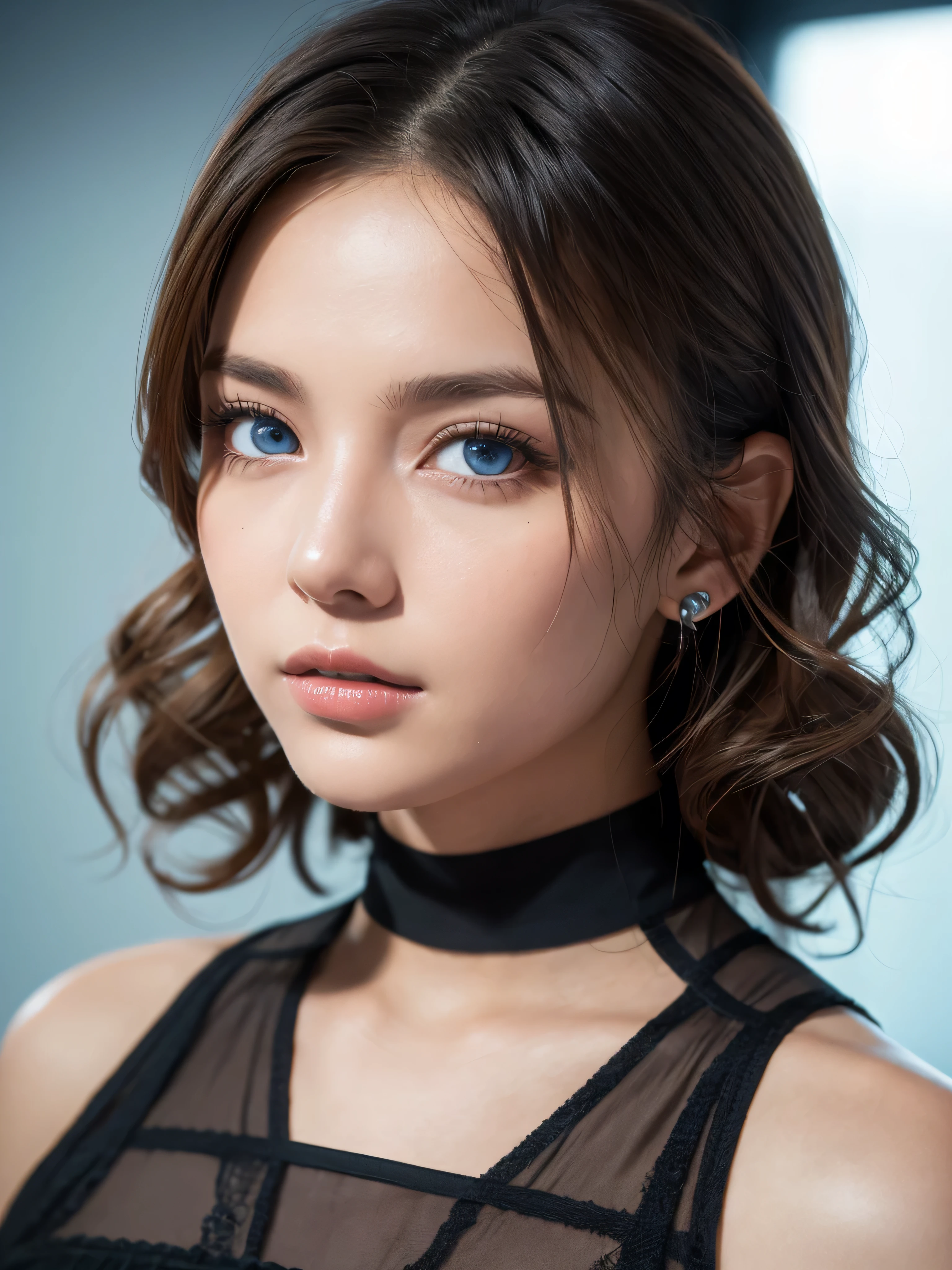 A sultry teenager, donning a luminous plastic outfit, poses seductively against a cinematic backdrop. Her dark-blown curls frame her face and shoulders, while her radiant skin glows under high-contrast lighting. Piercing blue eyes lock onto the camera, exuding allure. Her smooth resilient skin has subtle dryness and fuzziness. The studio's vibrant colors pop against the model's subtle texture, showcased in 8K resolution with meticulous attention to detail.