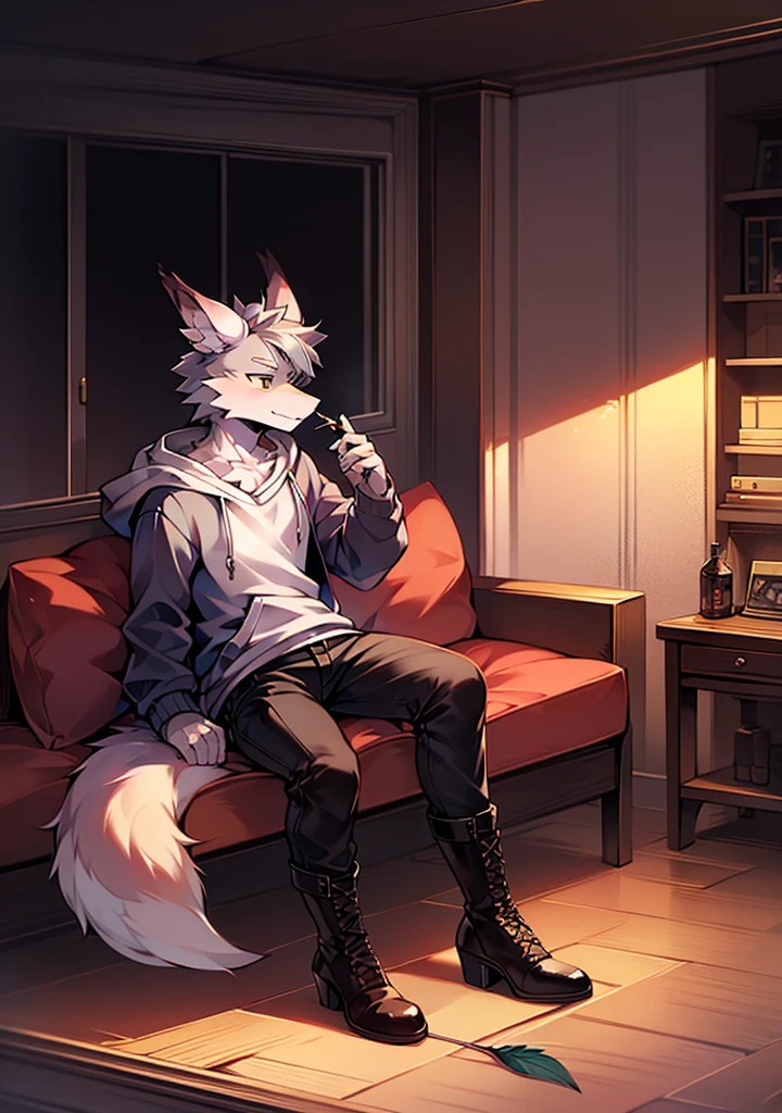 Gray Hair,alone,Sitting,Handsome face,whole body,Beastman,Fox,Dragon,Shota,Dragon Feather,hoodie,pants,Lace-up long boots,Stiletto heels,Cigarette in left hand