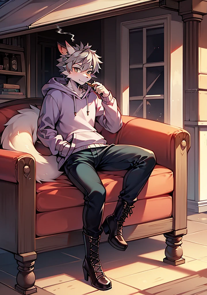 Gray Hair,alone,Sitting,Handsome face,whole body,Beastman,Fox,Dragon,Shota,Dragon Feather,hoodie,pants,Lace-up long boots,Stiletto heels,Cigarette in left hand