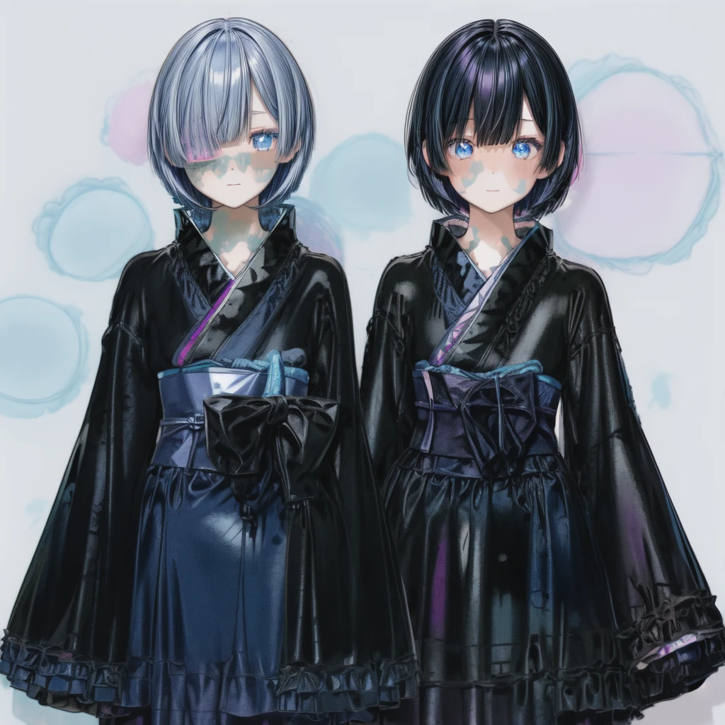 1 girl、Holographic short hair、Blue Eyed Goth Kimono、Hakama skirt、Curly Bob、White background、(flat color、Pastel Style、Black outline:1.2)、sketch