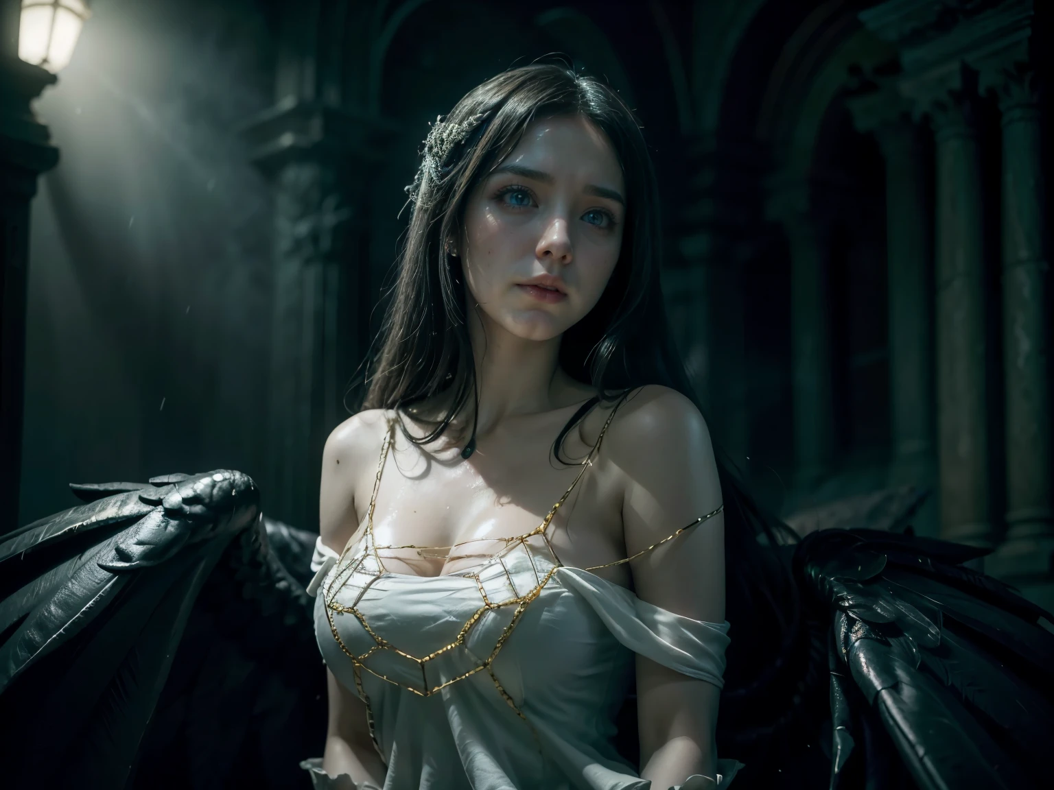 Albedo, yellow eyes, she is wrapped in the fog in an ancient and gloomy castle, dressed, cleavage, ,she is wearing a long and stunning white dress very sensual and elegant as of an evil queen. A perfect and definitive idol that captivates everyone、super detailed bright yellow eyes without defects, beautiful black lace dress, Sexy Demonic Woman, dark and mysterious place. Realistic Overlord Anime Setting, Dramatic and sinister nighttime ambient lighting giving an air