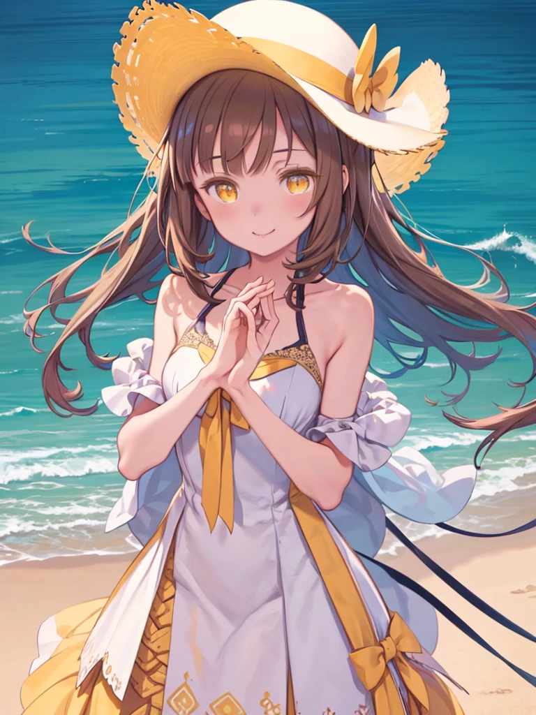 Guild Girl, Guild Girl, Long Hair, Brown Hair, (Yellow Eyes:1.5), Braiding, single Braiding, smile, break hat, dress, bow, white dress, Sun hat, Exposing shoulders, clavicle, break outdoors, Beach, break looking at viewer, (Cowboy Shot:1.5), break (masterpiece:1.2), Highest quality, High resolution, unity 8k wallpaper, (figure:0.8), (Beautiful attention to detail:1.6), Highly detailed face, Perfect lighting, Highly detailed CG, (Perfect hands, Perfect Anatomy),