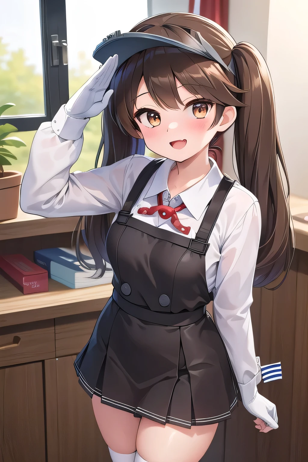 masterpiece, Highest quality,Super detailed, girl, Ryujo_Kantai Collection Office,Are standing,One-handed salute,window,,brown_hair, Twin tails, brown_eye, correct, visor_cap, His posts, length_hair, smile, Open_mouth