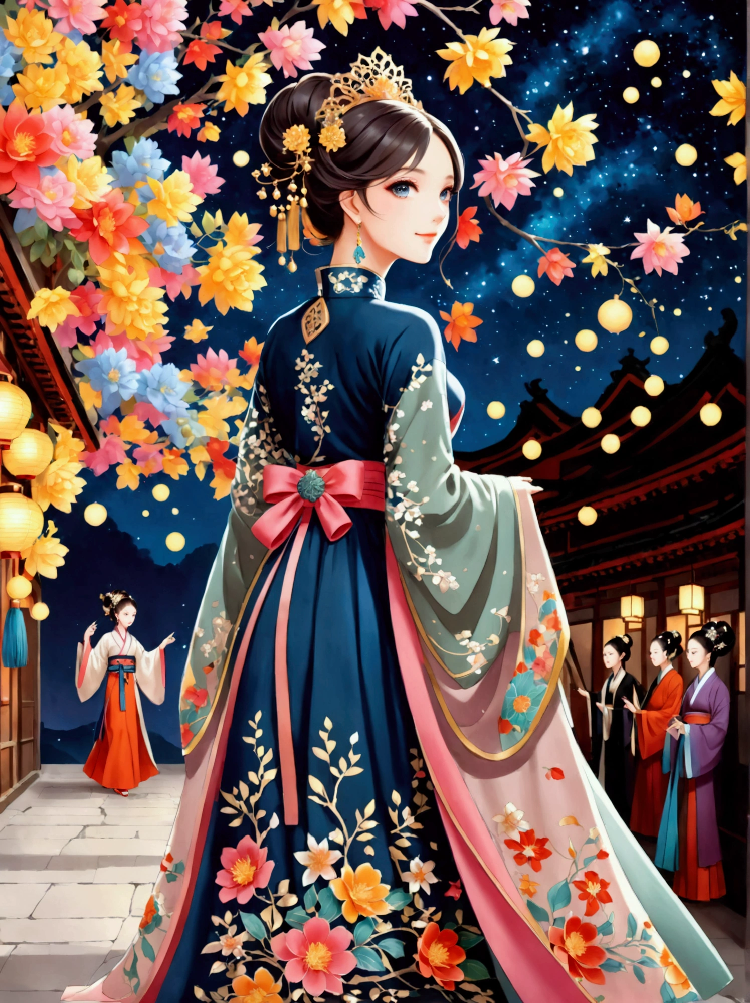 by Julien Arnal，Abstract Pictorial，Cartoon illustration，Sequins，Ambilight，Healing gouache，Starry Sky，Dark night shimmer，Youth Manga,Bright tones,gorgeous,Beautiful illustrations，Morandi color tone，Beautiful model catwalk，Performing dance steps。Wearing Ming Dynasty Hanfu，玫瑰Long skirt，Princess dress，gorgeous复古宫廷风格连衣裙，Long skirt，超Long skirt，- Wide hem，Long skirt下摆接近地面，The style is a high-end dress from the Hanfu Fashion Week，Haute couture，Private custom，Fashion show model，Big show，Tulle accessories on skirt。Necklace on the neck，short hair，Hair up，Headdress，big eyes，It's beautiful，((There was only one female model on the catwalk))，Men and women make up a large part of，The runway is covered with flowers，Background covered with flowers，Female model with a smile on her face，Standing，Elegant and dignified posture，8k，Ultra HD，masterpiece，precise，Textured Skin，High Detail，Best quality，Awards，Long Shot，Sense of distance，(Vector illustration:1.5)