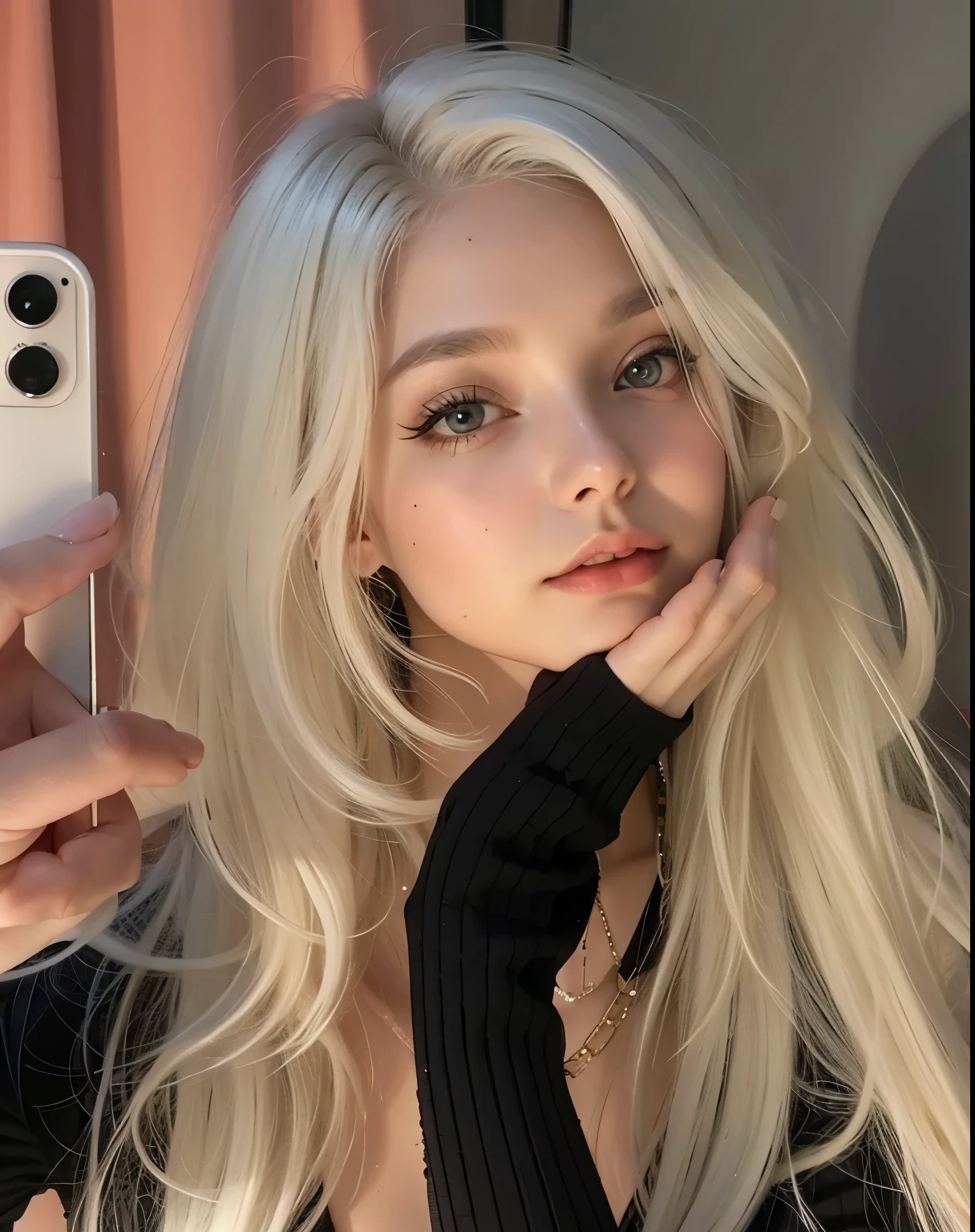 Blonde woman with long hair taking selfie in front of mirror, Avamax, perfect girl with white hair, her hair is white,  with gray hair, with long white hair, with long white hair, long blonde hair and big eyes, long white hair and bangs, Portrait of Kim Petra, beautiful gray hair, pale hair, white blonde hair