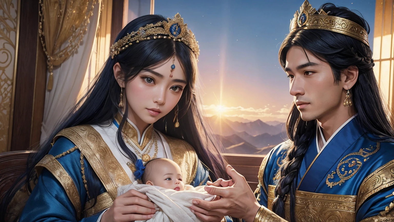 masterpiece, Highest quality, Very detailed, An intimate encounter between a man and a woman unfolds in a heartwarming and enchanting scene.。The stage is、steppe of central asia。The banks of the great river sparkling in the sunlight。Fantastic and majestic continental scenery。Creates a romantic atmosphere。 They stand facing each other,。their heights are different from each other。 emphasizes their unique physical characteristics。 That man is his height,Has dark hair that frames his striking face。The man is the crown prince of a steppe nomadic empire.。The man was wearing an ultramarine costume.、It is decorated with intricate golden embroidery.。A woman is a civilian in the oasis and is wearing Uyghur national costume.。The woman is delicate and .。Show off your radiant beauty with flowing, brightly colored hair. Their lips meet in a passionate kiss。 their pure love、Emphasis is placed on transcending class and culture.。 This magical moment captures the essence of their love,。evokes a feeling of sweetness and enchantment。Japanese girl manga patterns、symbolism、impressionism、romantic、Persian miniature、Reminiscent of the style of Alma Tadema and Gustave Moreau、It has an exotic, luxurious and profound charm.。