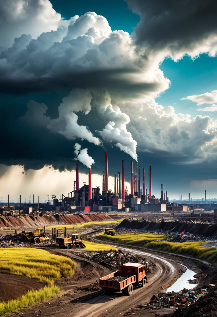 industry, factory, nature, corruption, Land Destruction, cigarette, Dark Clouds, wasteland, A vibrant and colorful city in the background, Divided