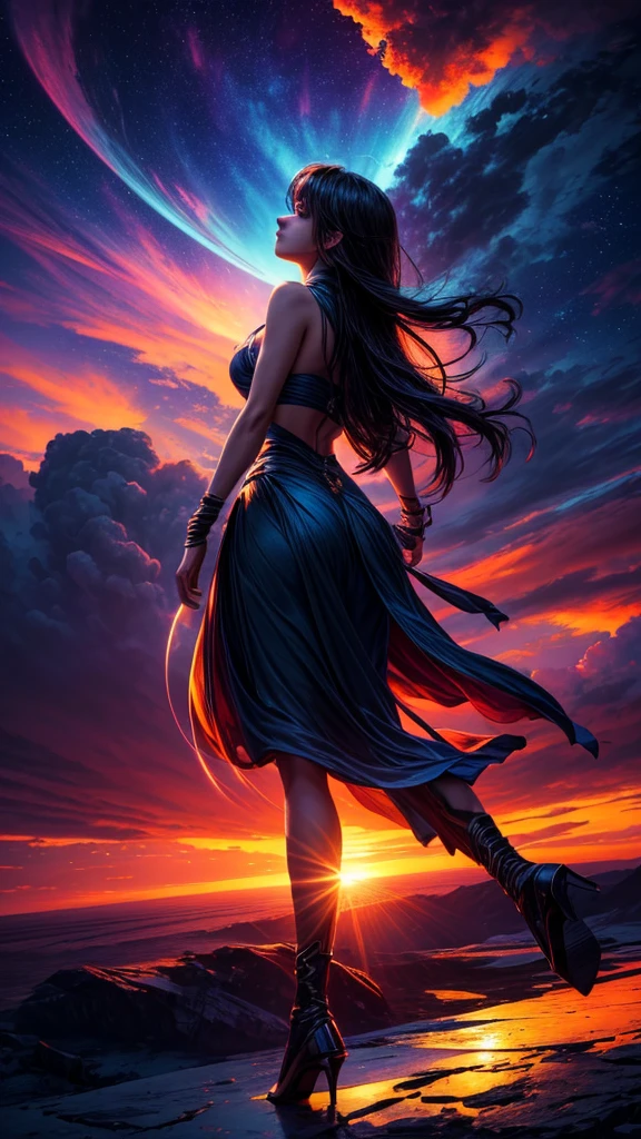 (best quality,4K,8K,high resolution,masterpiece:1.2),Extremely detailed,(Practical,photoPractical,photo-Practical:1.37),Blue sky,Flame particles,sunrise,Vibrant colors,Warm lighting,Abstract Art,Brushstrokes,Paradise scenery,Ethereal atmosphere,Peaceful atmosphere,Tranquil scenery,Explosive Energy,Magnificent,Extraordinary nature,thin clouds,Soft tones,Sublime Creation,Stunning views,Dynamic Synthesis,Luminescence,Lighting up the horizon,Melting colors,fiery glow,Mesmerizing interplay of colors,sharp contrast,Mesmerizing light show,Celestial Phenomenon,spectacular sunrise painting,transcendent masterpiece,surreal sky,Stunning visual impact