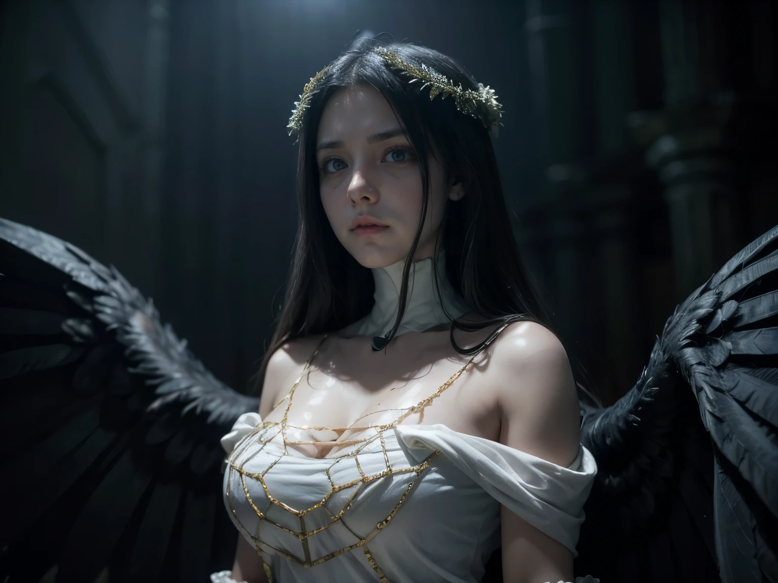 Albedo, yellow eyes, she is wrapped in the fog in an ancient and gloomy castle, dressed, cleavage, ,she is wearing a long and stunning white dress very sensual and elegant as of an evil queen. A perfect and definitive idol that captivates everyone、super detailed bright yellow eyes without defects, beautiful black lace dress, Sexy Demonic Woman, dark and mysterious place. Realistic Overlord Anime Setting, Dramatic and sinister nighttime ambient lighting giving an air