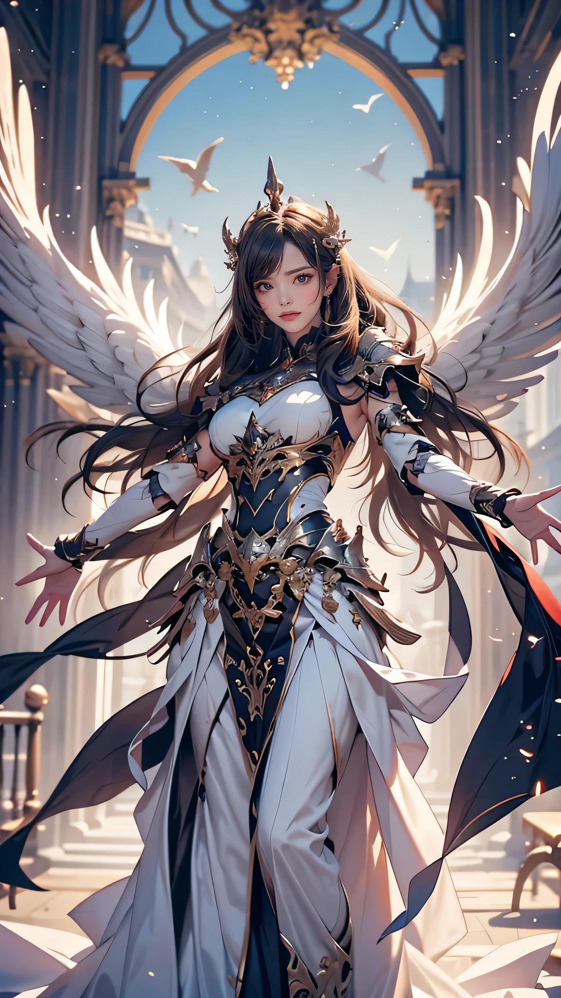 full body,from below,angel armor,(Spread your arms and fly down from the sky:1.5),(random hairstyle),(Highest image quality,(8k),ultra-realistic,best quality, high quality, high definition, high quality texture,high detail,beautiful detailed,fine detailed,extremely detailed cg,detailed texture,a realistic representation of the face,masterpiece,Sense of presence)