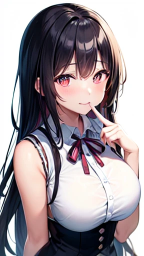 (masterpiece), (High resolution), (Highest quality), One Girl, smile, blush, neck ribbon, View your audience, ribbon, (Ring on right ring finger), shirt, Long Hair, bangs, Hand in hand, jewelry, Mouth closed, collared shirt, Sleeveless、Big Breasts、Black Hair