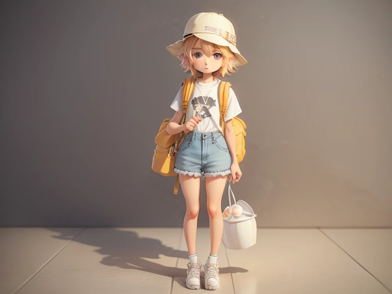 Realistic 3D anime style, 。.。.。.3d，Blind Box，（（The side of the miniature model），I have a point.,） Awesome expression.，light colored hair，Cool clothes，Backpacks, bucket hat，clean background。(full body, Including the legs: 1.5)。