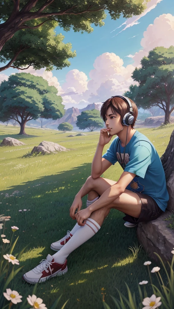 a boy sitting under a tree near a cliff in a meadow , seeing a vast blue sky with fluffy clouds and brush strokes , tall grasses stones, , makoto shinkai cyril rolando, anime art wallpaper 4k, anime art wallpaper 4k, animated background, anime art wallpaper 8K, animated background art, Anime Landscape Wallpaper, amazing wallpaper, HD wallpaper, 4k anime wallpaper, 4k anime wallpaper, Aries Moross art,art by Bob Byerley , AshleyWoodArtAI, greg rutkowski, flower, very colourful, flower velly, rabbit near the boy,boy listening music using by headphone
