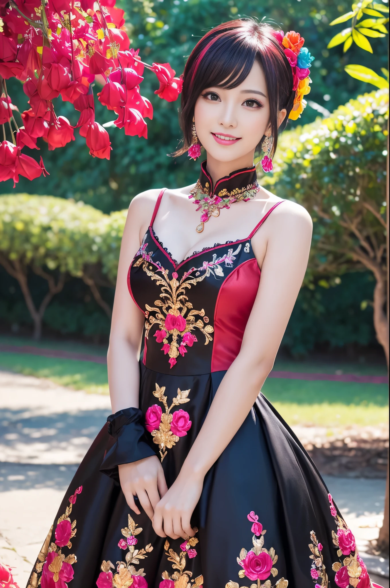 (masterpiece:1.4), (best quality:1.4), ultra high res, ultra high resolution, ((detailed facial features)), HDR, (realistic, photorealistic, photo-realistic:1.37), full body Esbian, sexy Vietnamese model, (-anime), vivid colors, ((vivid colors multicolor (red, fuchsia) very short hair)), (happy smile), lip-gloss, long lashes, beautiful makeup, defined eyebrows, wearing large sparkling colorful jewelery, wearing a red silk Paradise Kiss cosplay dress with black floral embroidery, ((vivid colors outfit)), vivid colors, look at the camera, cinematic light, large park background with trees, sweet and sexy pose