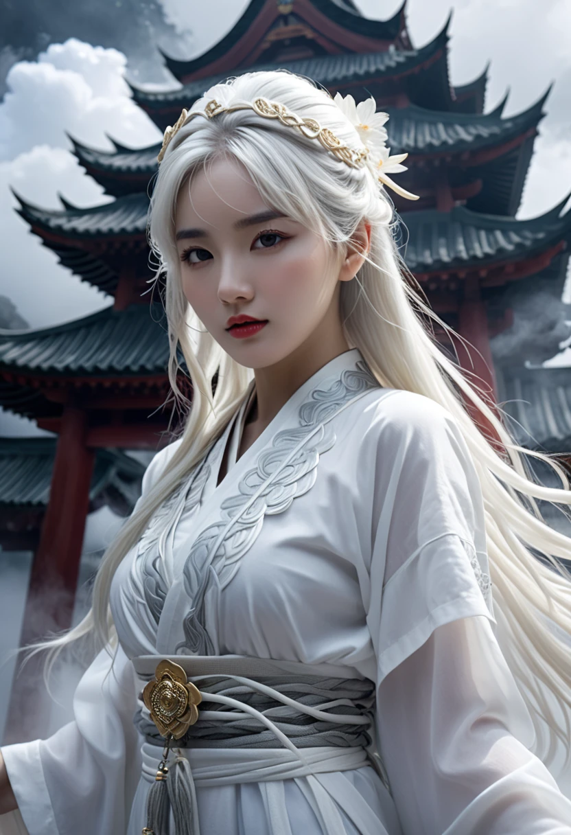 Dynamic Lighting,Art Station,Poster,Volumetric Lighting,Highly detailed face,4K wallpaper,Awards,1 girl with white hair,He has a delicate and beautiful face,Long hair flows,White Snake,Fringe hair ornament,Dynamic Perspective,Shrine maiden,sexy,Fantasy,Surrounded by clouds,Foggy atmosphere,White Snakeが彼女を守る,Dynamic Viewing Angle,Light,