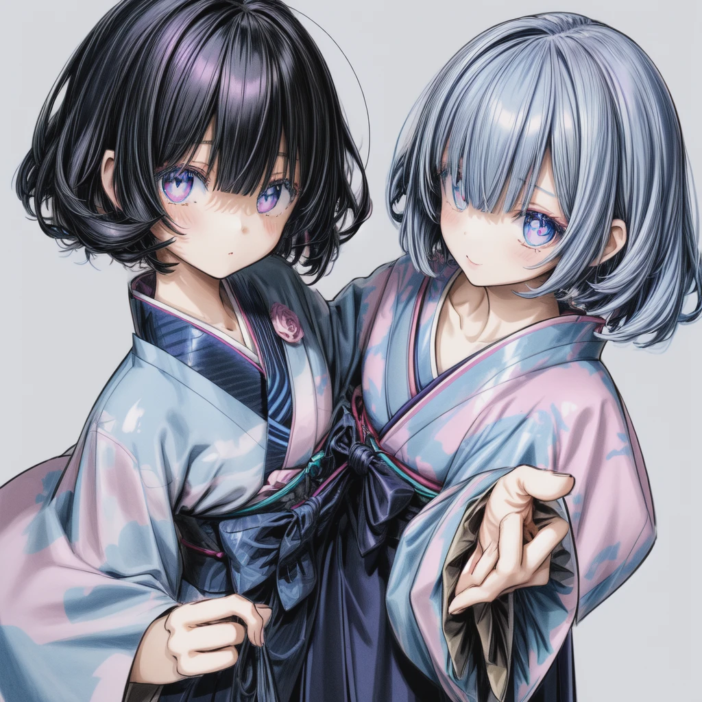 1 girl、Holographic short hair、Blue Eyed Goth Kimono、Hakama skirt、Curly Bob、White background、(flat color、Pastel Style、Black outline:1.2)、sketch