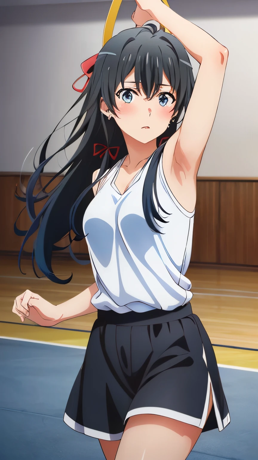 (masterpiece, best quality, highres, 8k:1.2), (anime), yukino, long hair, ahoge, Small medium breast, hair ribbon, (rhythmic gymnastics,Blushing, Dance room, earrings), Cowboy shot, looking at viewer,