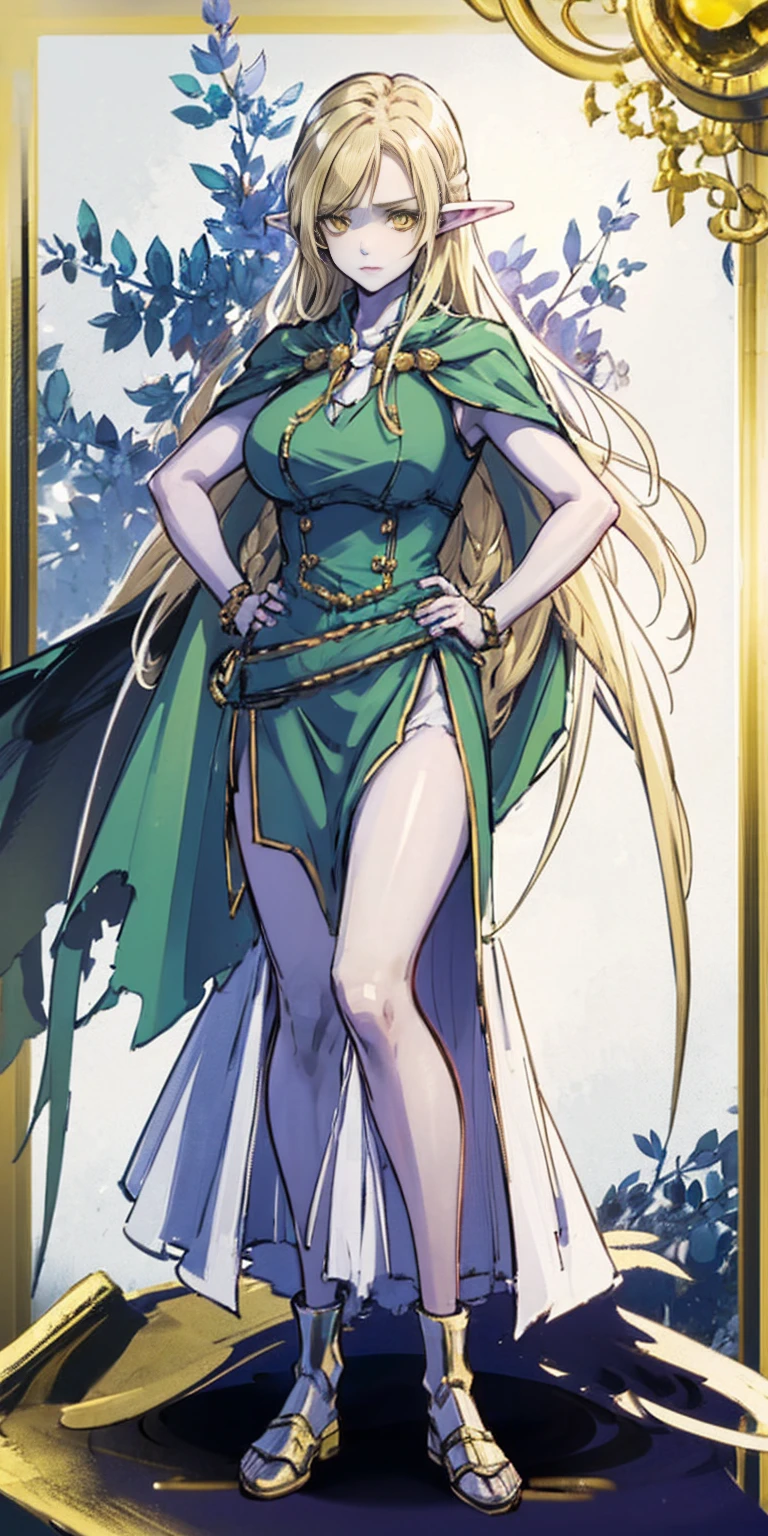 masterpiece, best quality, high quality, Erwin, elf, long hair, pale hair, yellow eyes, purple skin, deep blue cape with golden ornaments (1solofemale full body standing straight symmetrical, hands on hips)