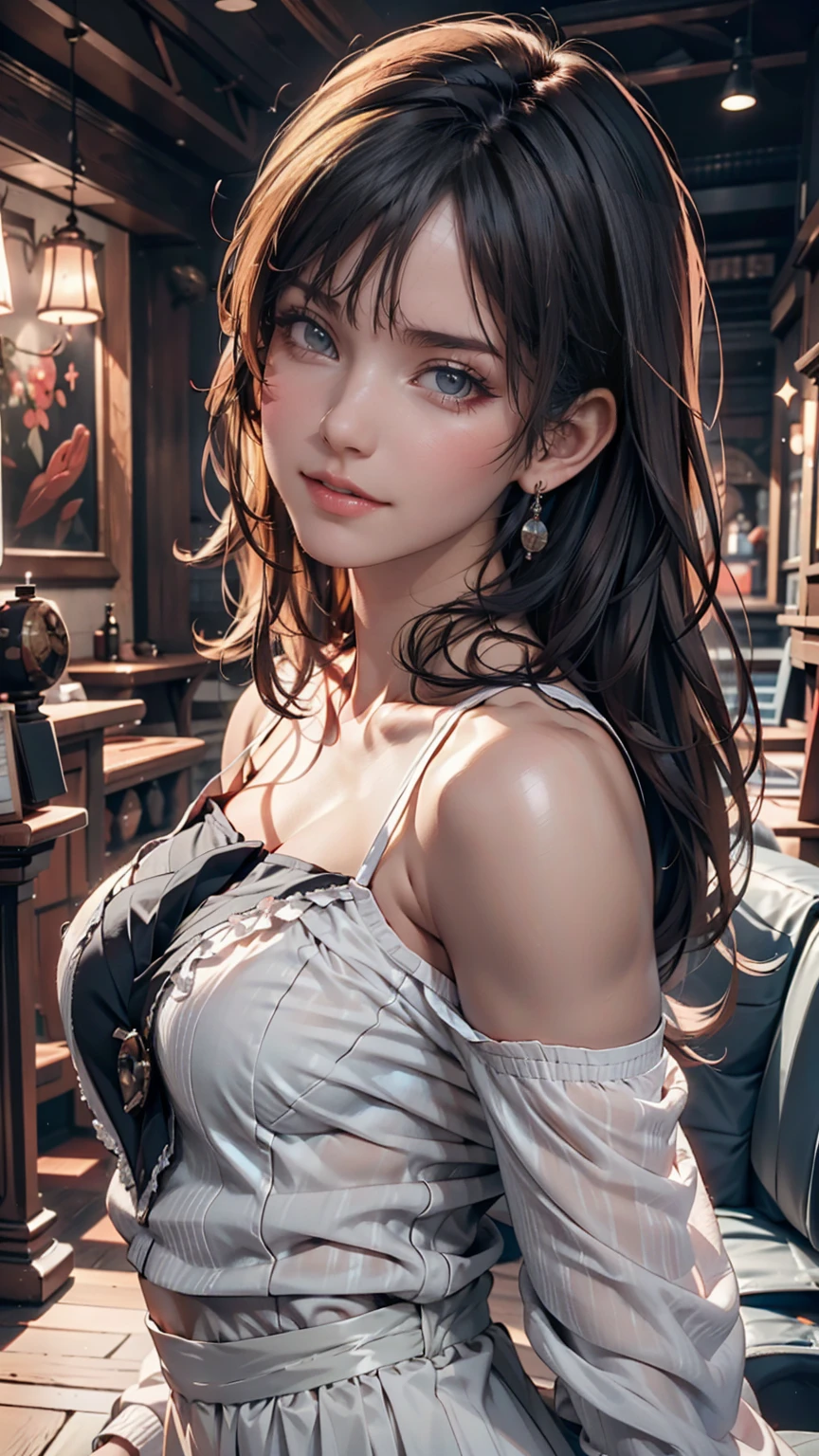 Highest quality, masterpiece, Ultra-high resolution, (Realistic: 1.4), RAW Photos, One girl, Off the shoulder, Cinema Lighting, Kiss pose, Heterochromia iridis, Gray Hair, Gray Hair