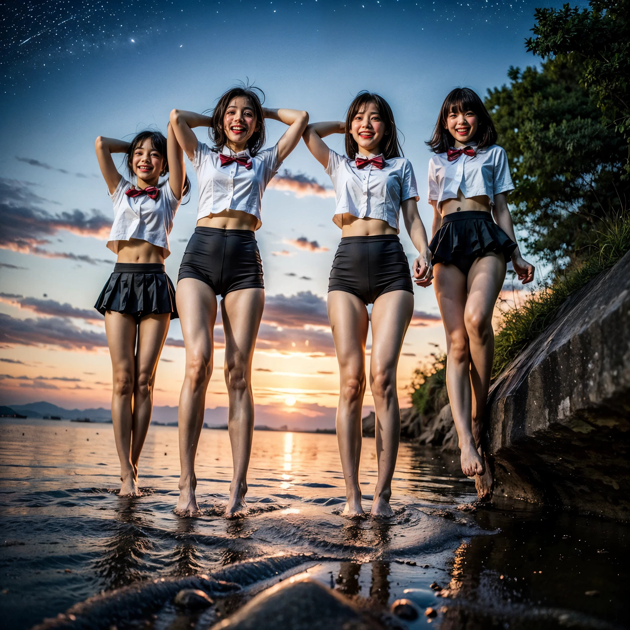  Masterpiece of ProfessionalPhoto ((ExtremelyDetailed (12 PICHIPICHI KAWAII Girls Floating in The Air in a row:1.37) in WHITE at Dusk Enoshima Beach)), {(Standing Full Body:1.2)|(from below:1.2)|Detailed KAWAII face}, Different types of hair colors, {(skinny(school swimwear))|(SchoolUniform)with Skinny AthleticShorts}, {(Corrected Childish hand)|Hidden hand|Different types of breasts|(Clearly Visible the shape of Butt)}, Joyful Expressions LifeLike Rendering, Detailed clothing texture, PerfectLighting, (Dazzling Horizon Visible through ThighGap), (Starry IridescentParticles:1.22) ColorfulClouds