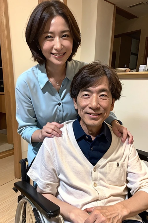 Highest quality、Masterpiece、Real Photo、Realistic、A 55-year-old Japanese woman cares for a 120-year-old man in a wheelchair、Smiling caregiver providing care、Sweat、Very detailed、Natural light、Short Hair、Detailed face and skin、Realistic eyes、Realistic hands、Realistic fingers