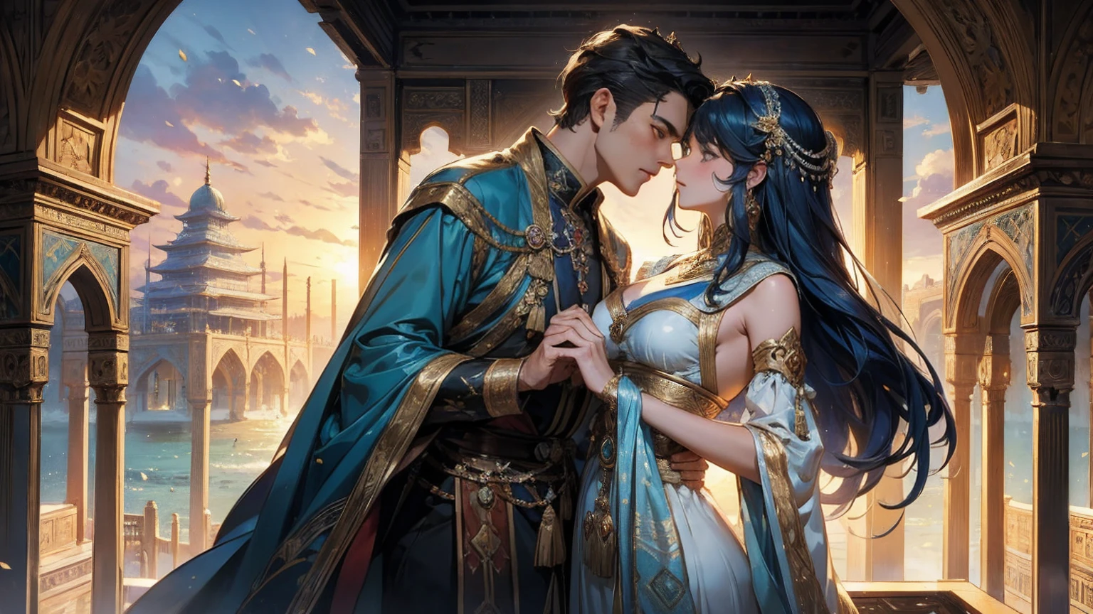 masterpiece, Highest quality, Very detailed, An intimate encounter between a man and a woman unfolds in a heartwarming and enchanting scene.。The stage is、steppe of central asia。The banks of the great river sparkling in the sunlight。Fantastic and majestic continental scenery。Creates a romantic atmosphere。 They stand facing each other,。their heights are different from each other。 emphasizes their unique physical characteristics。 That man is his height,Has dark hair that frames his striking face。The man is the crown prince of a steppe nomadic empire.。The man was wearing an ultramarine costume.、It is decorated with intricate golden embroidery.。A woman is a civilian in the oasis and is wearing Uyghur national costume.。The woman is delicate and .。Show off your radiant beauty with flowing, brightly colored hair. Their lips meet in a passionate kiss。 their pure love、Emphasis is placed on transcending class and culture.。 This magical moment captures the essence of their love,。evokes a feeling of sweetness and enchantment。Japanese girl manga patterns、symbolism、impressionism、romantic、Persian miniature、Reminiscent of the style of Alma Tadema and Gustave Moreau、It has an exotic, luxurious and profound charm.。