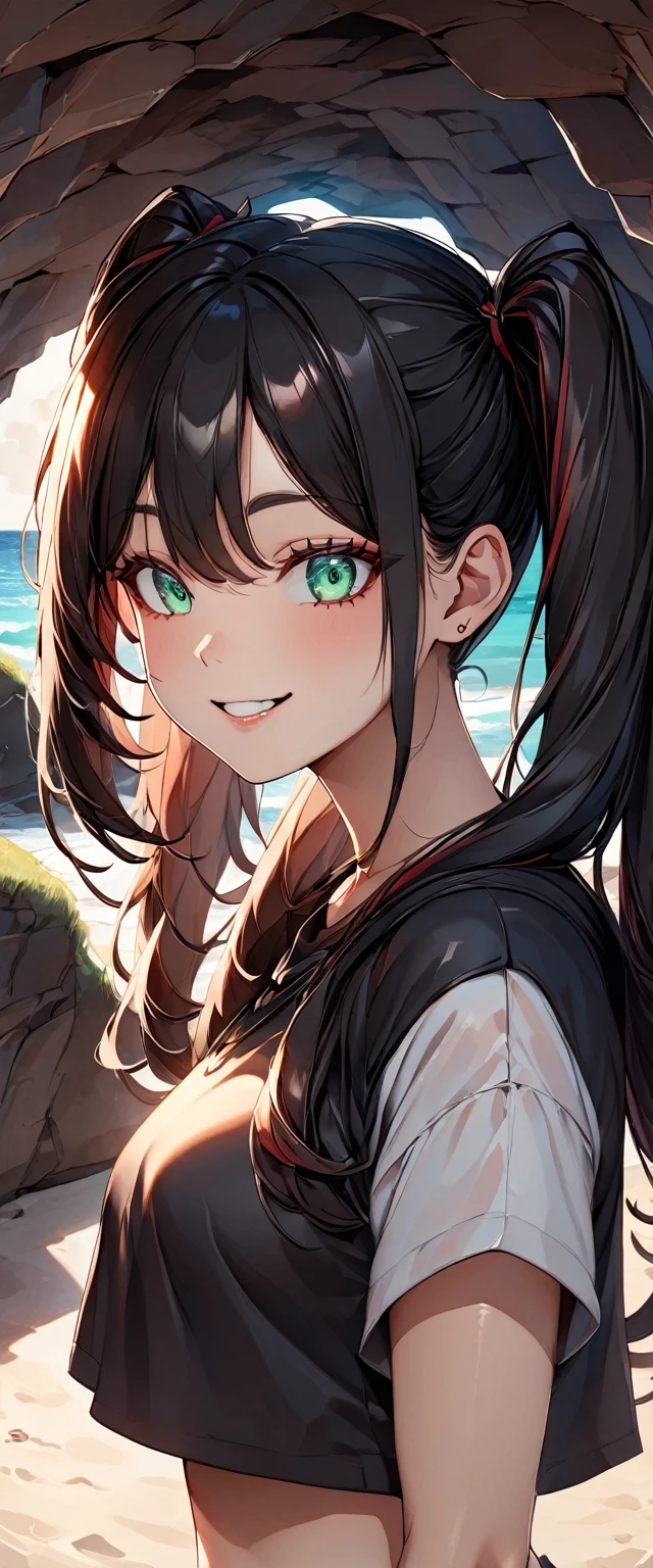 Photo of a girl with natural skin, ((Baby Face)), Grinning, Smiling, ((Tilt your head)), From the side, Round face, A girl wearing mainly black and red, ((Upper Body)), Beach cave, The light is shining in, High Twintails, Black hair with red mesh, Sharp eyes with red eyeshadow, Blue-green eyes, Shining eyes, A thin, upturned nose, Well-shaped lips, ((crop top overhang, Short sleeve, Black clothes, Thighs, Glamour body)), Makeup, Exquisitely crafted with the utmost attention to detail, Vibrant, amazing, Smooth, Cinematic, 4K, Backlight, (()), Shallow depth of field, ((Detailed eyes:1.3, Detailed lips:1.3, high quality, )), masterpiece, Super detailed images, High quality