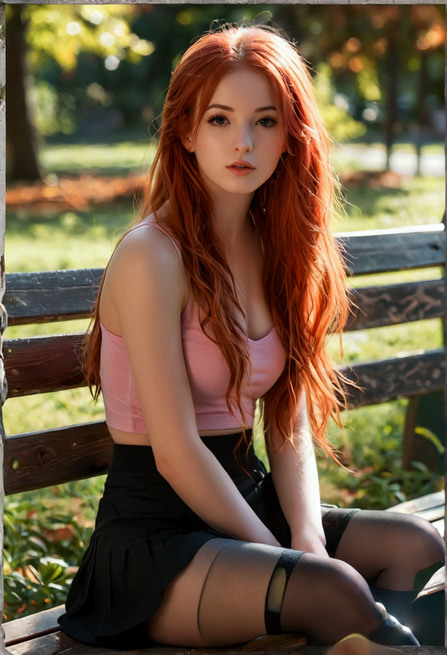 ultra realistic, photography, long straight red hair, girl, 24 years old, hourglass figure, perfect body, small breasts, Flirty look, extremely detailed artgerm, in the style artgerm, she is facing the camera, lens 35 mm, blur background, she is sitting on a parkbench at sundawn, her legs are crossed, she is wearing a pink top, a black short skirt, black opaque thigh socks and sneakers,