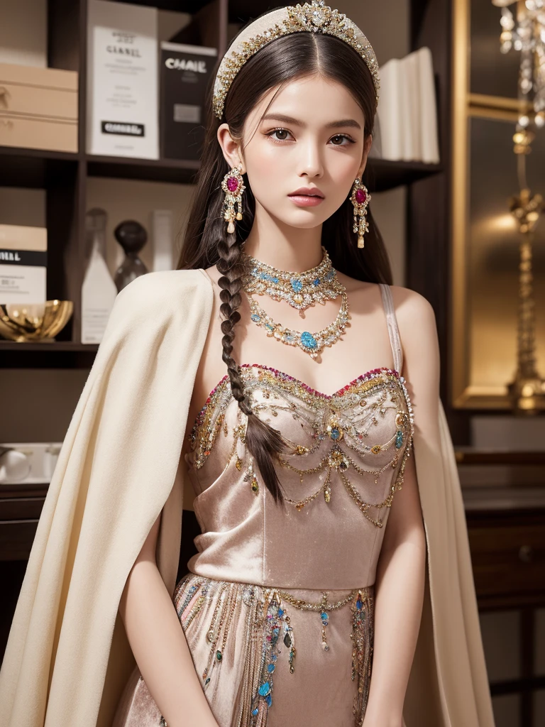 Olivia Gibbs, a stunning model, poses effortlessly against a colorful patchwork collage backdrop, reminiscent of ancient Rome, in a whimsical and vibrant setting. She dons an exquisite Haute Couture ensemble, featuring a lavish velvet dress with intricate ruffles, complemented by a dazzling diamond necklace and chain earrings forming a collar. Her hair is styled with loose braids adorned with crystal beads, shimmering in the bright sunlight that accentuates her features. The overall effect is eye-catching, with meticulous attention to detail and a keen sense of style, evoking the iconic fashion photography of Chanel.