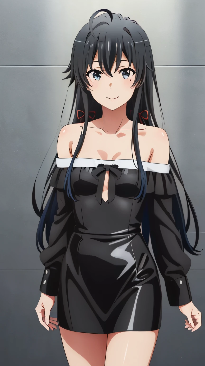 (masterpiece, best quality, highres, 8k:1.2), (anime), yukino, long hair, ahoge, Small medium breast, hair ribbon, (black leather dress, off shoulder, smile), Cowboy shot, looking at viewer,