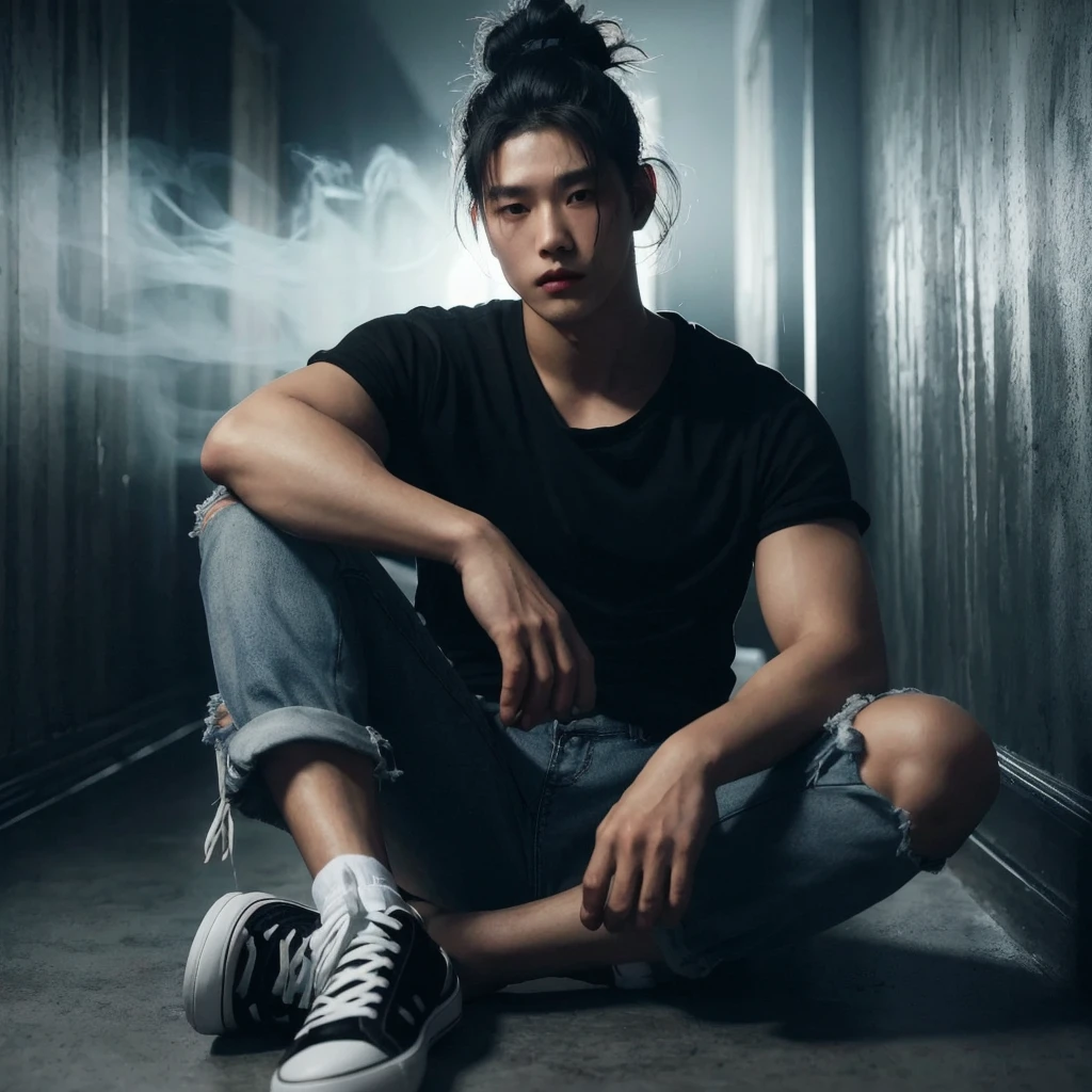 a handsome korean man with bun very wavy hairstyle, ideal height,wearing a black t-shirt and long torn jeans, sneakers sitting leaning against the end of a quiet, dark hallway with a little light, smoke effect, white effect on, and cool streaks and looks real on the wall, slightly gloomy scene, without a gloomy , very real, very real background, cinematic, photographic, curly hair