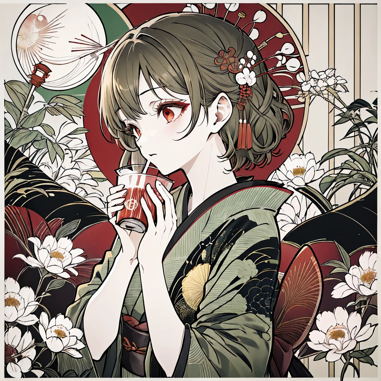 Highest quality, Tabletop】 [girl, kimono, Red eyes, profile, Wavy short hair, Brown Hair, Upper Body] (moon, Greenish foliage), Japan drinks alcohol, Sweat, Long eyelashes, alone, firework