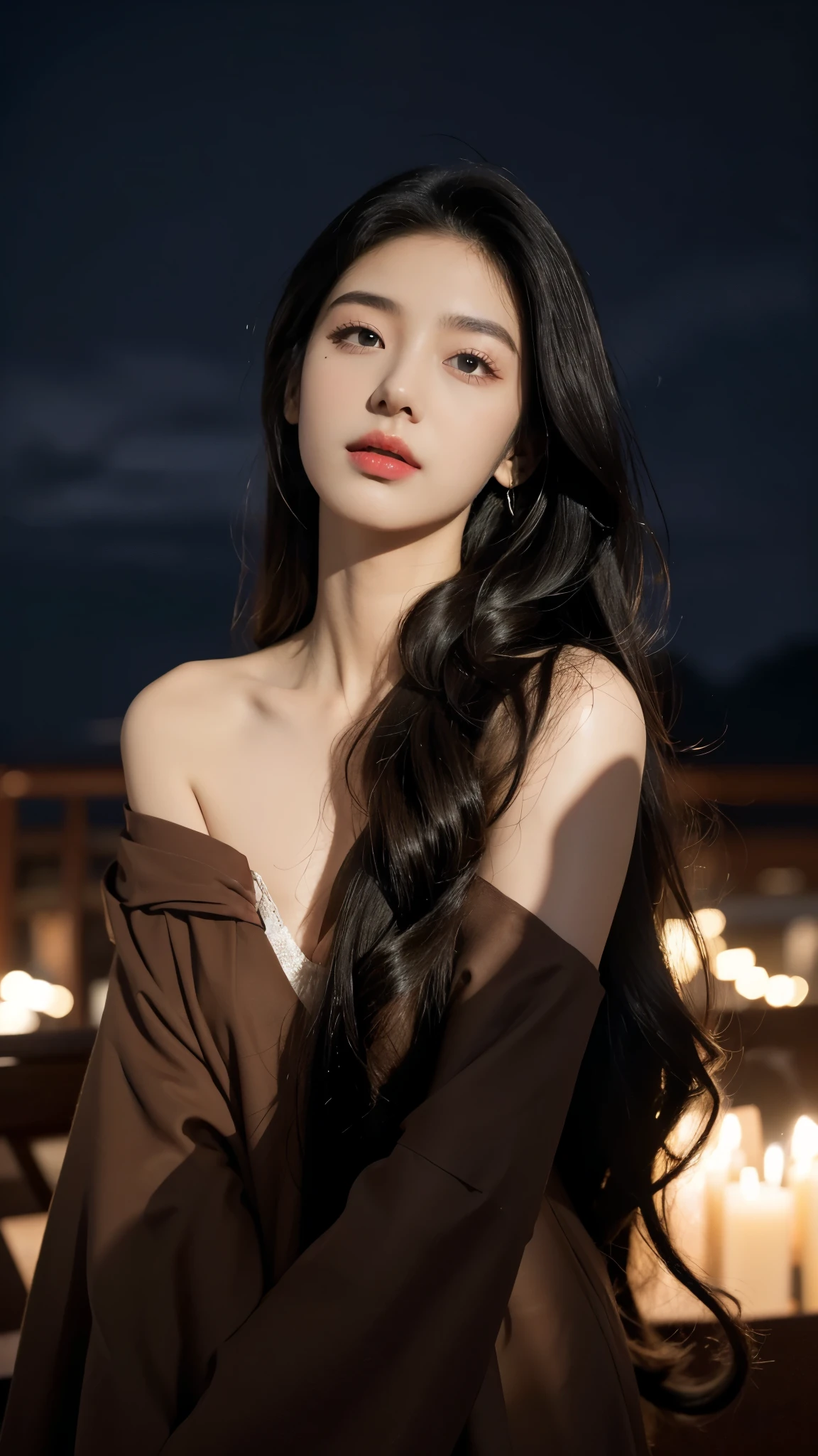 best quality, masterpiece, Ultra-high resolution, (Actually:1.5), RAW photos, 1 cat, popular, In the dark night, Deep Shadows, Low pitch, Cold Light, Sexy look,Shoulder-length straight hair,Slim