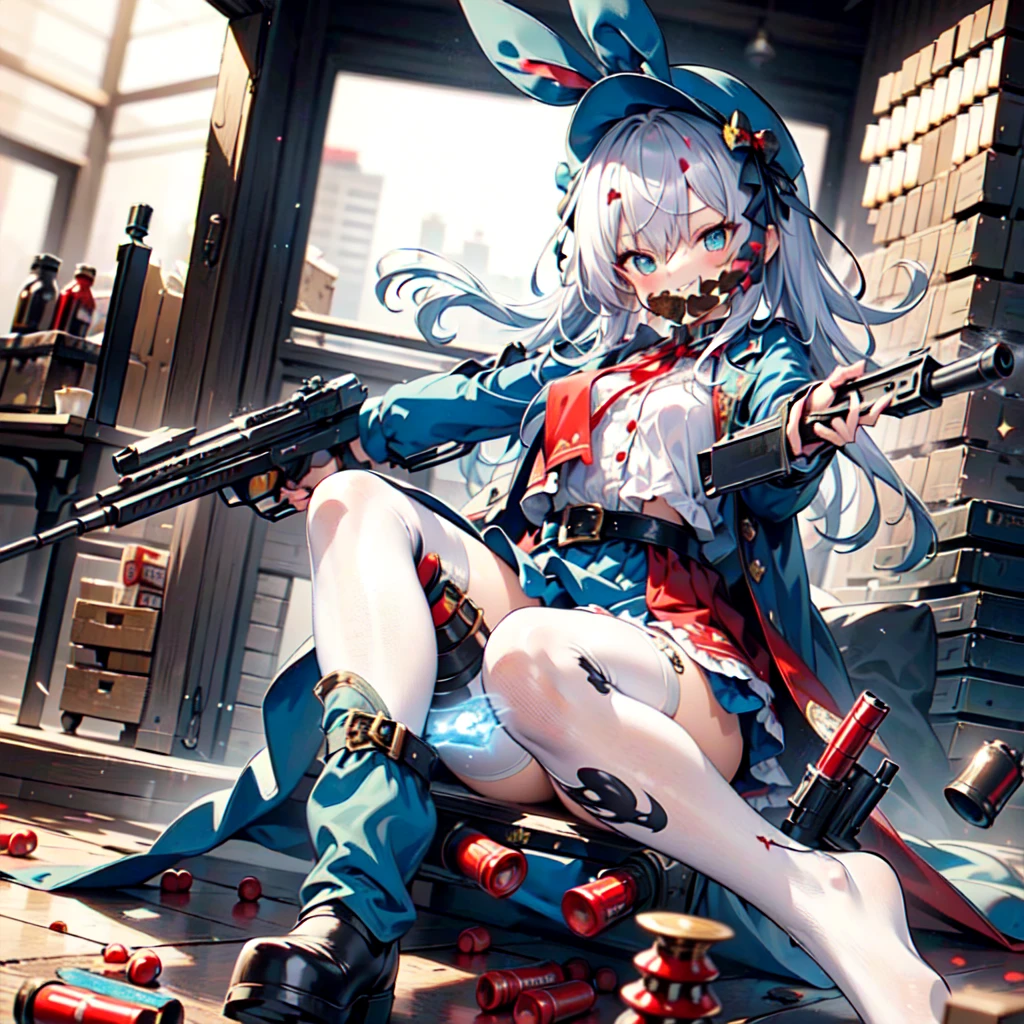(masterpiece), Highest quality, Fantasy art, One girl,alone, a girl firing her long machine gun in Wonderland, white_hair, long hair, anger, Grin, smile, (red_Food:1.4), Bunny ears, Long coat, skirt, boots, (((Ammunition belt))), gun, Bullet casing, machine gun, arms, (Wonderland:1.2), city、Alice in Wonderland、Trump、🐇、