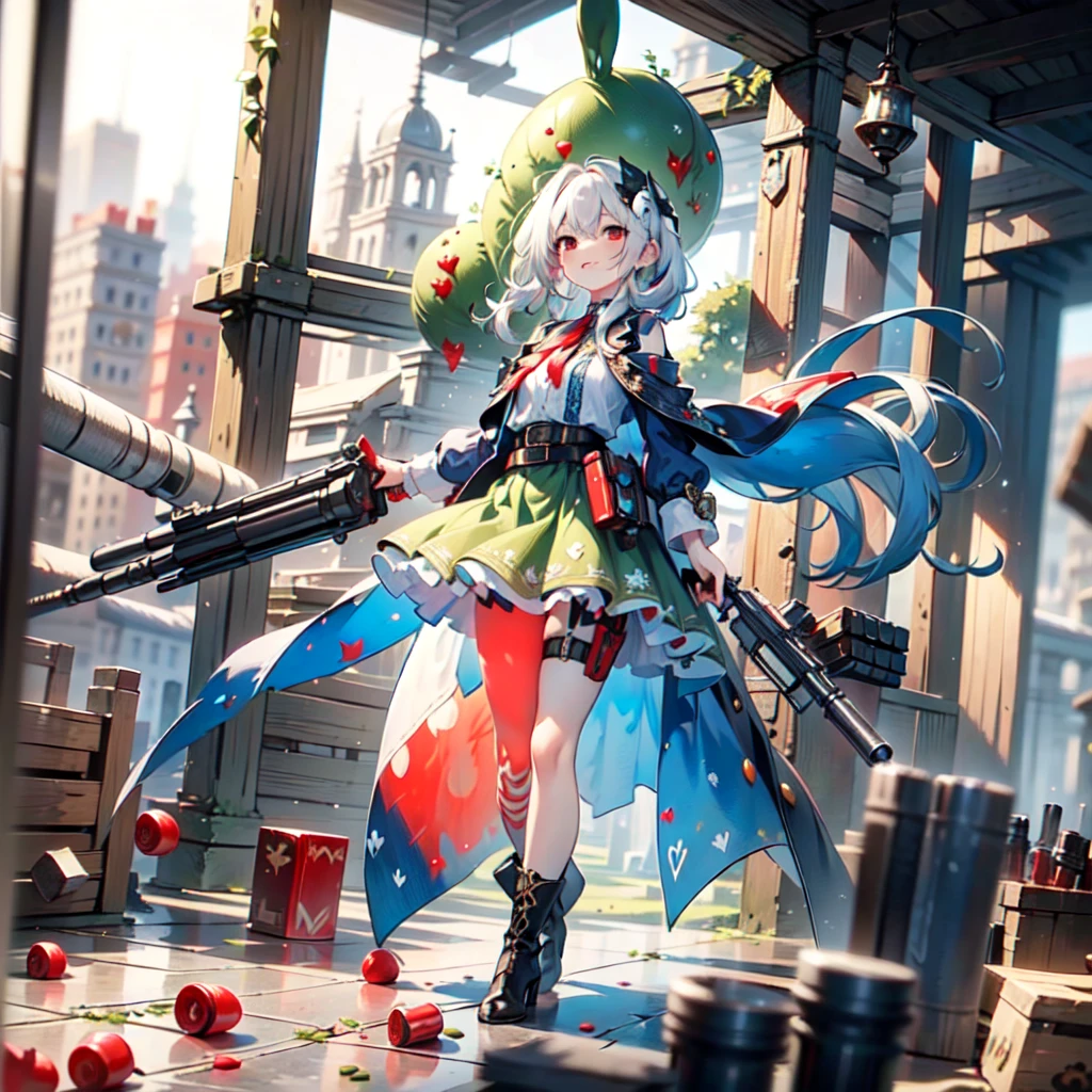 (masterpiece), Highest quality, Fantasy art, One girl,alone, a girl firing her long machine gun in Wonderland, white_hair, long hair, anger, Grin, smile, (red_Food:1.4), Bunny ears, Long coat, skirt, boots, (((Ammunition belt))), gun, Bullet casing, machine gun, arms, (Wonderland:1.2), city、Alice in Wonderland、Trump、🐇、