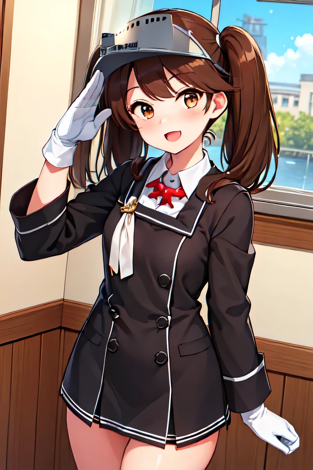 masterpiece, Highest quality,Super detailed, girl, Ryujo_Kantai Collection Office,Are standing,One-handed salute,window,,brown_hair, Twin tails, brown_eye, correct, visor_cap, His posts, length_hair, smile, Open_mouth