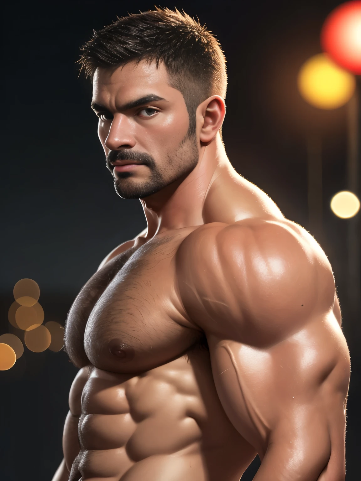 a macho man with crew cut, huge muscular body, 46 years old, transparent skin, hairy body, wet body, tanned skin, (best quality,4k,8k,highres,masterpiece:1.2),(realistic,photorealistic,photo-realistic:1.37),ultra-detailed,HDR,UHD,studio lighting,ultra-fine painting,sharp focus,physically-based rendering,extreme detail description,professional,vivid colors,bokeh,portrait, (Japanese:1.1), bulge