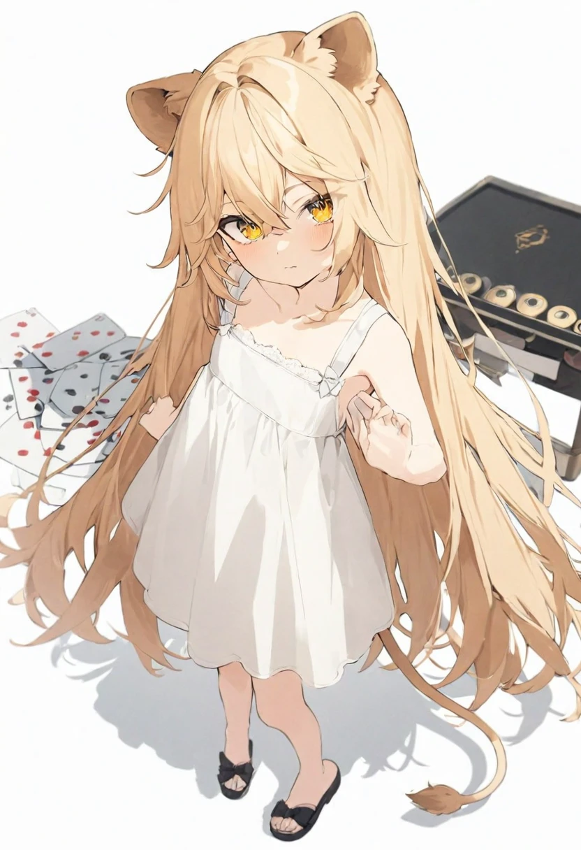 (muste piece), (best quality), (score_9, score_8_up, score_7_up), very detailed eyes, expressive eyes, perfect face, very detailed face, highly detailed face, beautiful girl, 8K, beautiful girl, white background, delicate and beautiful face and eyes, dark intense shadow,
1 girl, vtuber style, cool girl, vtuber, rurudo_lion, lion ears, lion tail, blond straight hair, long hair, hair between eyes, white sundress, sleeveless dress, suspender dress, dress bow, chest visible through clothes, small chest, cropped shoulders, clavicle, Poker face, (full body), standing, naked thighs, sandals,