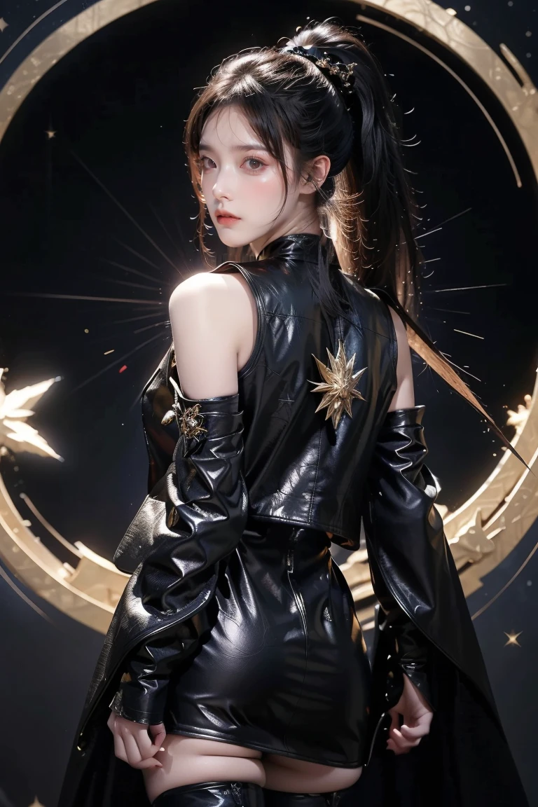 China,Dark Big Oriental eyes,Black long hair gathered in a Chinese ponytail,leather cloak, with metal shoulder pads,scatters star rays,fantasy ,Blend of black gold,colorful Pattern, Dragon Pattern Road, prince, palace,Lightning effect,arms behind back,hands behind back, black lence stockings,Strangle,