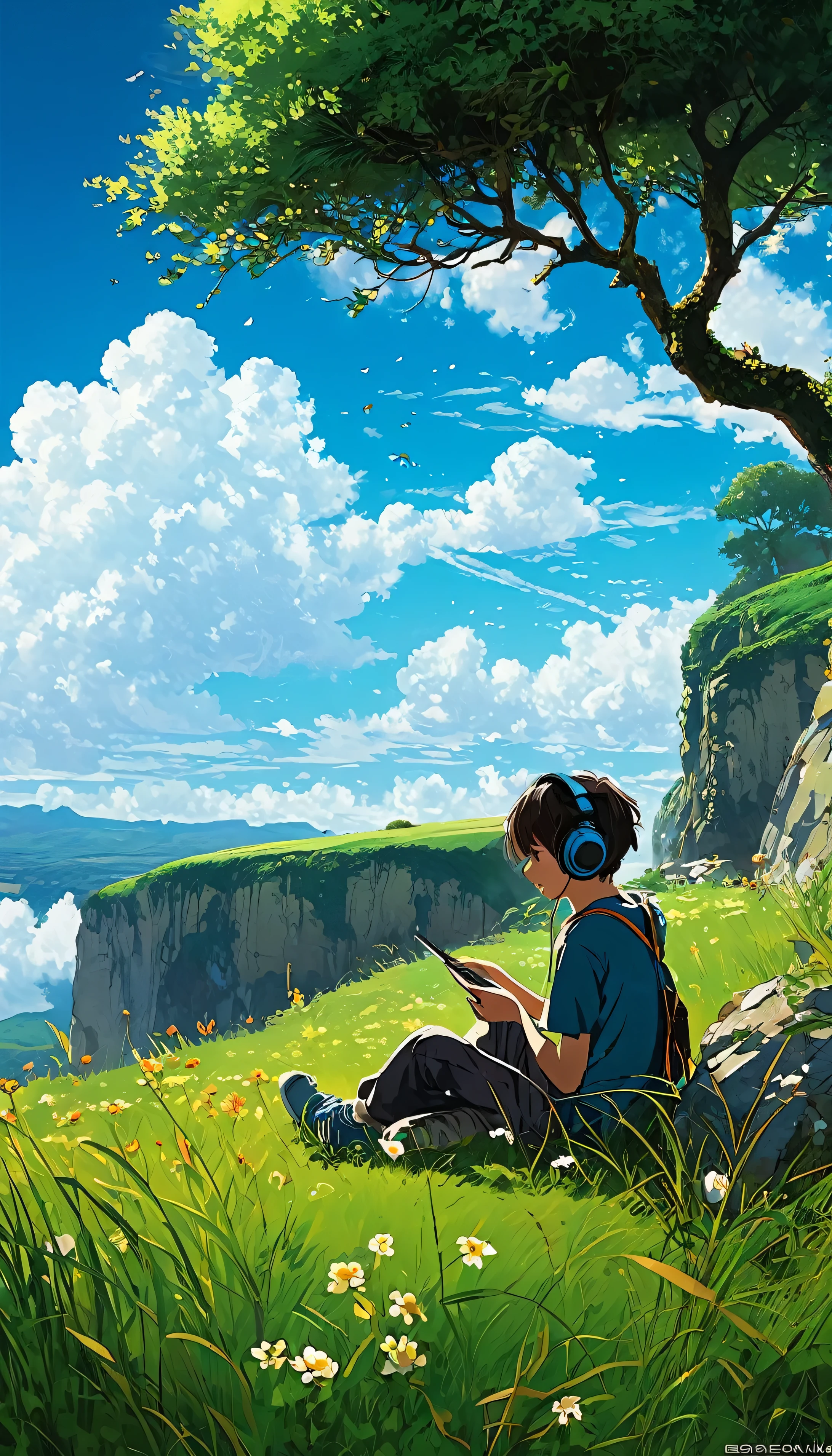 a boy sitting under a tree near a cliff in a meadow , seeing a vast blue sky with fluffy clouds and brush strokes , tall grasses stones, , makoto shinkai cyril rolando, anime art wallpaper 4k, anime art wallpaper 4k, animated background, anime art wallpaper 8K, animated background art, Anime Landscape Wallpaper, amazing wallpaper, HD wallpaper, 4k anime wallpaper, 4k anime wallpaper, Aries Moross art,art by Bob Byerley , AshleyWoodArtAI, greg rutkowski, flower, very colourful, flower velly, rabbit near the boy,boy listening music using by headphone