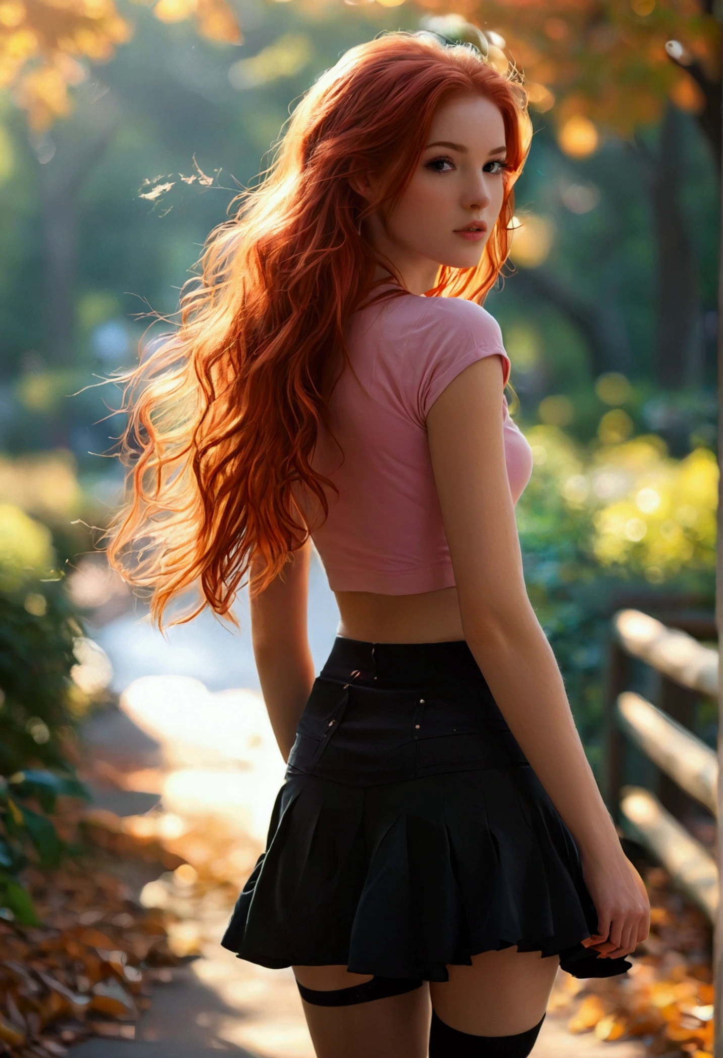 ultra realistic, photography, long red hair, girl, 24 years old, hourglass figure, perfect body, medium natural breasts, Flirty look, extremely detailed artgerm, in the style artgerm, lens 35 mm, blur background, walking through the park at dawn to the camera, walking towards me, walking to me, wearing a pink top, a black short skirt, thigh socks and sneakers,