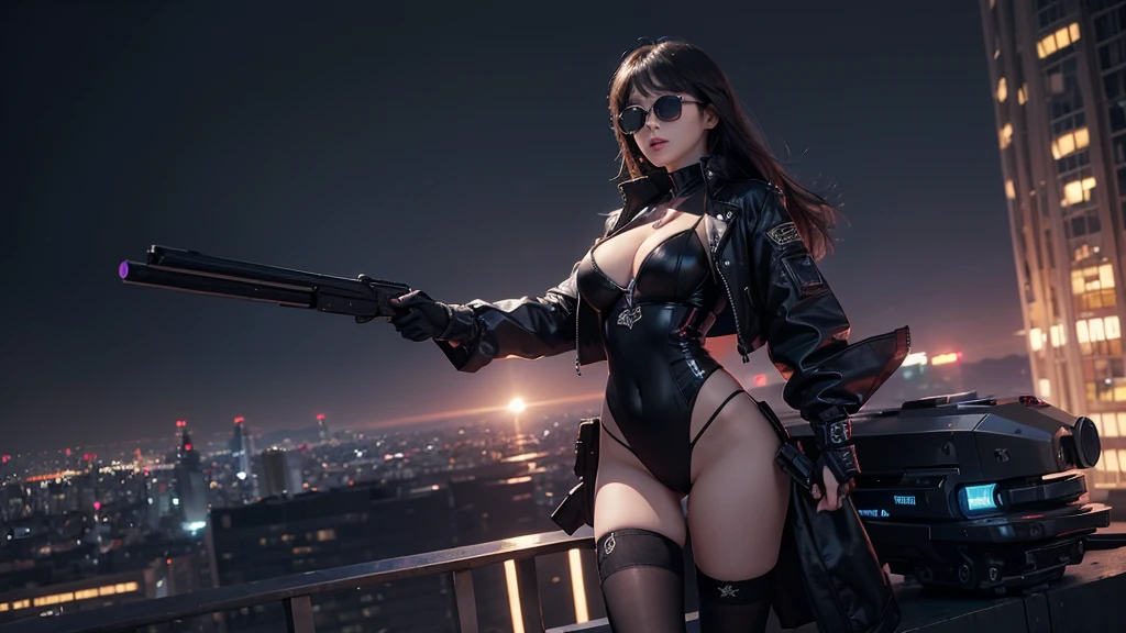 (((Masterpiece))), best quality, ultra-detailed CG unity 8k wallpaper, cyber city, tokyo, big future city at night. (1girl, solo, alone), large-breast:1.2 slim:0.7 body, long:0.7 hair, cleavage:1.1, sexy micro laced lingerie with jacket, (black sunglasses), ((she raised a pistol:1.8 and shot the viewer)), running pose, ((half-body thigh:0.95 level medium shot)), cinematic lighting, lens flare, ray tracing.