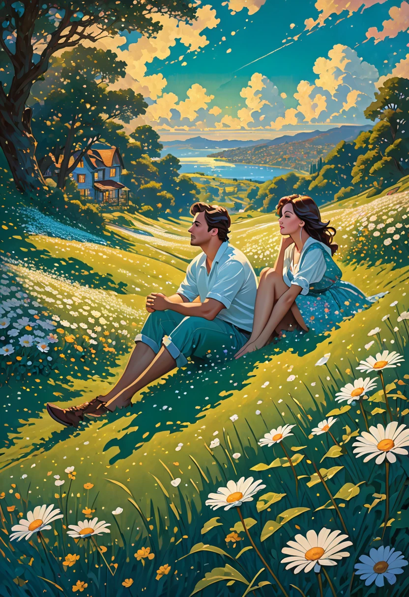 a couple on the grass looking up at the sky with white cloud tall green grass, daisy flowers, ULTRA Style Kilian Eng and Thomas Kinkade, Rob Gonsalves y Tim White. , silvain sarriel. Rhads y Thomas Kinkade, inspirado en Rhads, cyril rolando and m.I'm confused, cyril rolando and m. I'm confused, Rhads!!!