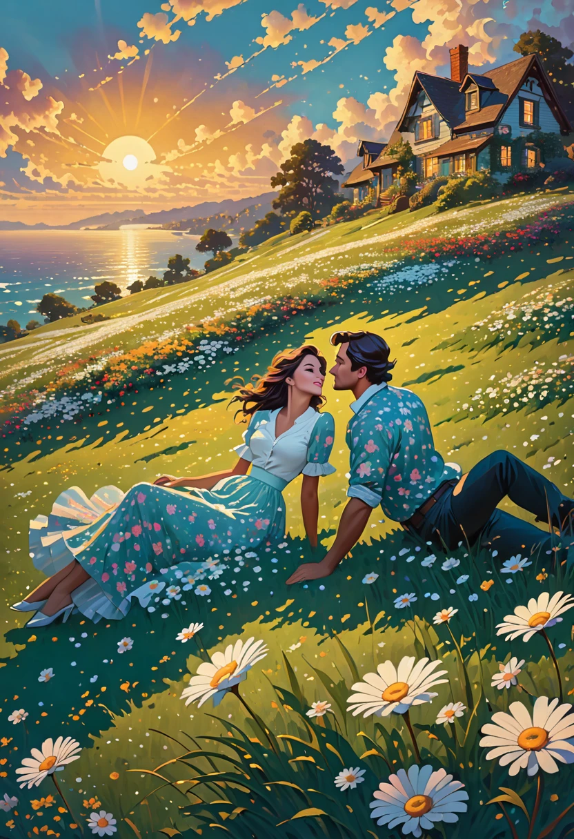a couple on the grass looking up at the sky with white cloud tall green grass, daisy flowers, ULTRA Style Kilian Eng and Thomas Kinkade, Rob Gonsalves y Tim White. , silvain sarriel. Rhads y Thomas Kinkade, inspirado en Rhads, cyril rolando and m.I'm confused, cyril rolando and m. I'm confused, Rhads!!!