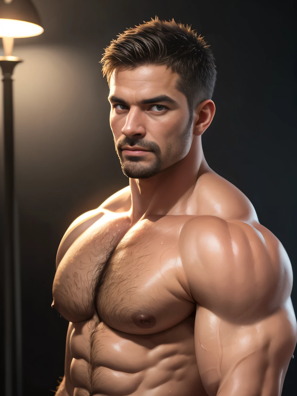 a macho man with crew cut, huge muscular body, 46 years old, transparent skin, hairy body, wet body, tanned skin, (best quality,4k,8k,highres,masterpiece:1.2),(realistic,photorealistic,photo-realistic:1.37),ultra-detailed,HDR,UHD,studio lighting,ultra-fine painting,sharp focus,physically-based rendering,extreme detail description,professional,vivid colors,bokeh,portrait, (Japanese:1.1), bulge