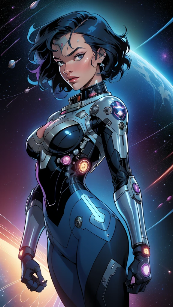 ((masterpiece, Highest quality)), 32K Wallpapers, Very detailed, Poster, Vintage science fiction, 1960s,(((space thriller cinematic movie Poster))), (Bauhaus), shape,Abstract, Midcentury Modern, movie Poster, Vintage, A woman fused with a robot,anime,1970s,Halftone,Speech bubble,Milky Way,(Superhero),((portfolio,close)),Cyborg of the Future,Combination of machine and woman,Space War,Star Wars,Evangelion,Gantz,Cyborg Lady