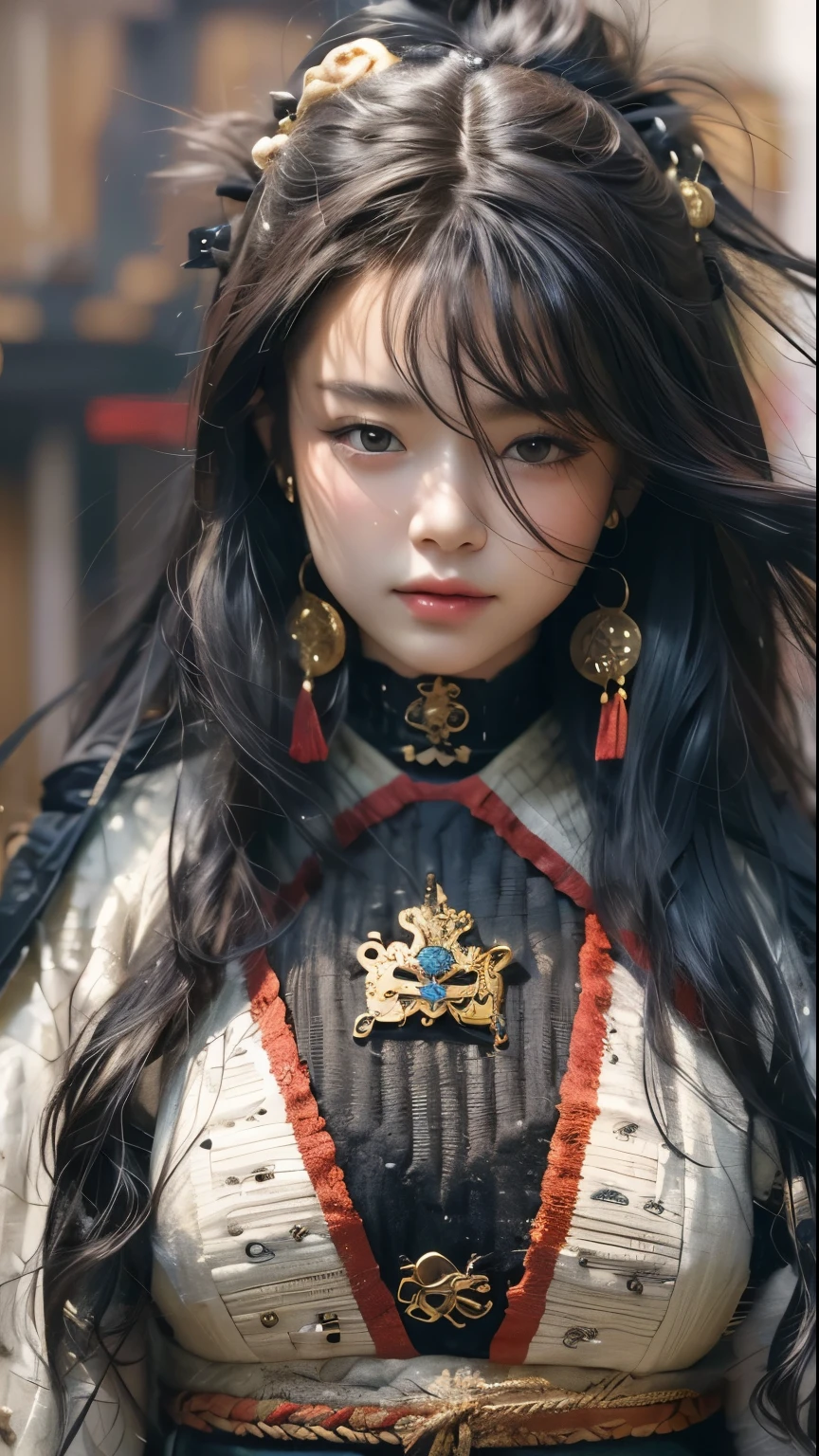 ((best quality)), ((masterpiece)), (very detailed:1.3), 3d, beautiful, Samurai woman with long black hair, Sexy samurai wearing black clothes looking at camera, 8k, realistic, ultra masterpiece, dynamic style, dynamic pose