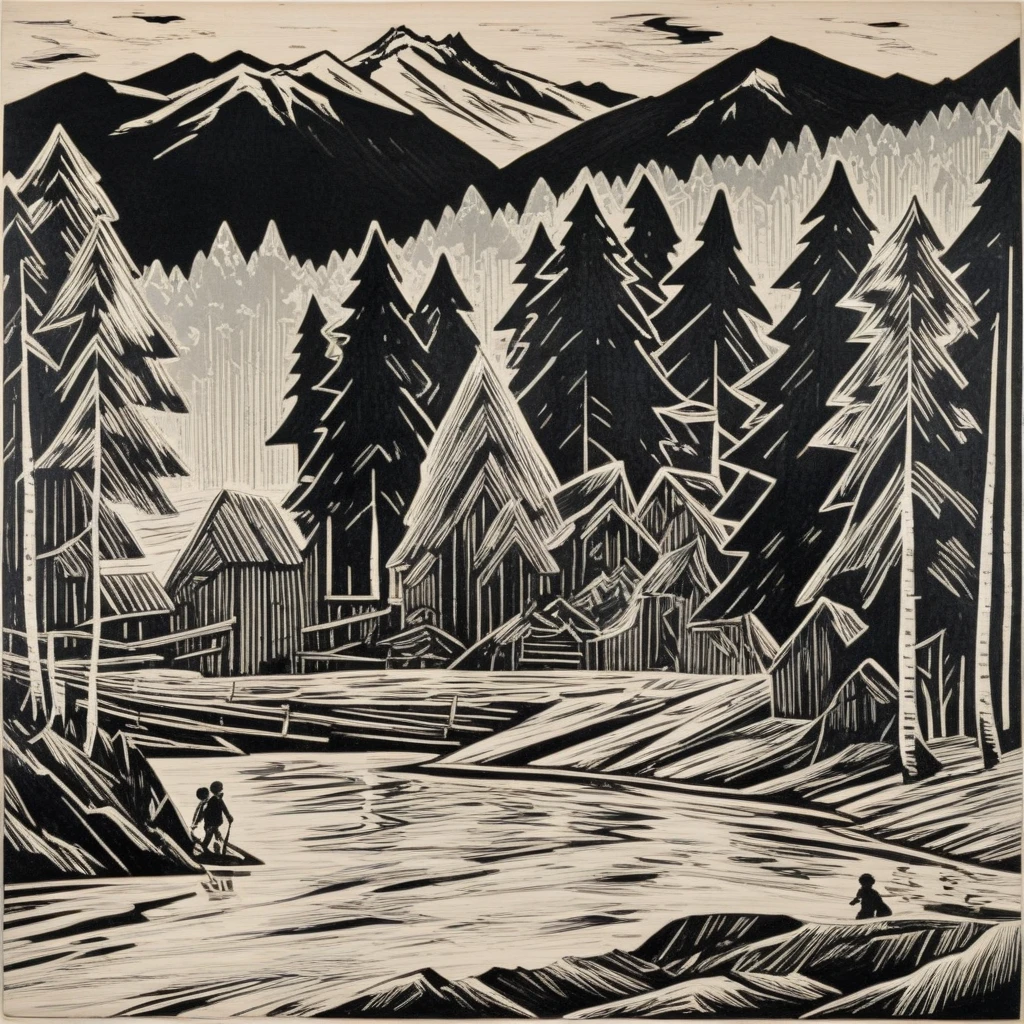 realistic. woodcut, , espressionism, clear lines, mountain and forest landscape, children