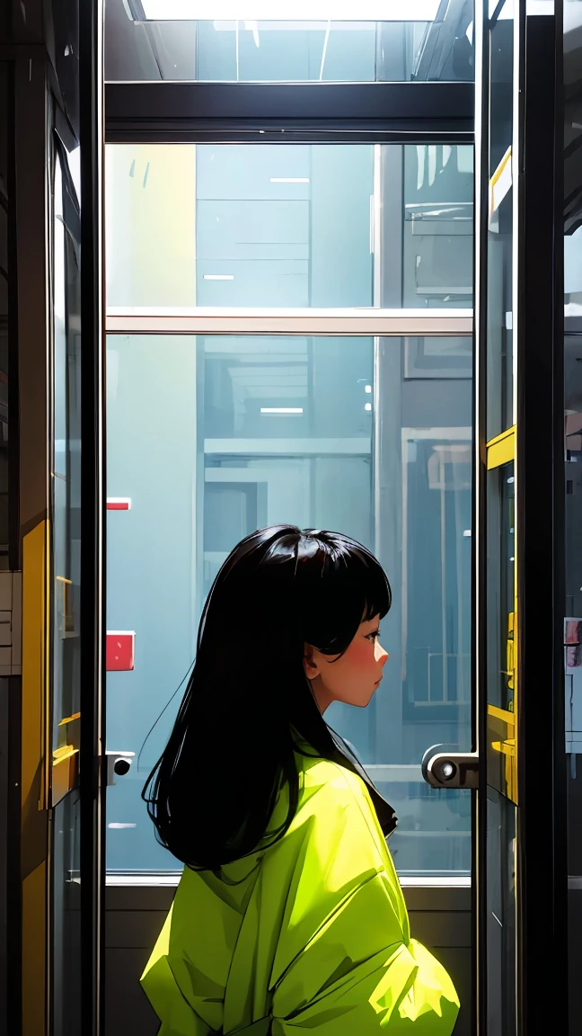 Woman looking at the view outside the window in front of the subway doors、Bright colors、Soft Focus、Light leakage、Dreamy winter atmosphere、Experimental charm、A break in color field painting with a retro appeal、Various colors、abstract expressionism、Bold colors、Emotional impact、Atmospheric Depth、Minimalist Approach Break、Beautiful girls、uhd（Super detailed）、Flashy、long、Black Hair、Japanese、Bright padded clothing、White stardust in a dark place、Absurd、High resolution、Very detailed、Bright colors、Soft Focus、Light leakage、Dreamy atmosphere、information、Black Hair、Large Breasts